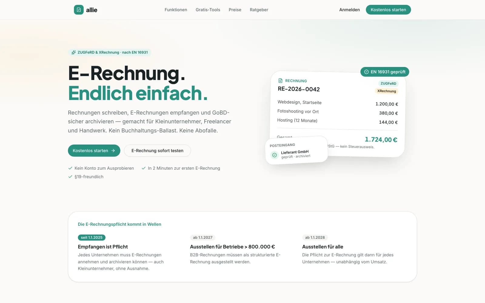 Allie - landing page of the e-invoicing SaaS