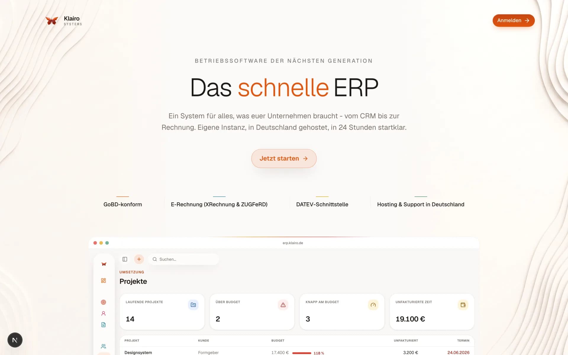 Klairo Systems - Hero der ERP-Produkt-Landing