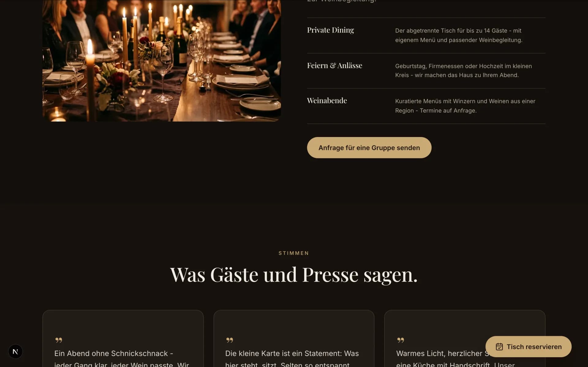 Private Dining mit klarem Anfrage-Weg