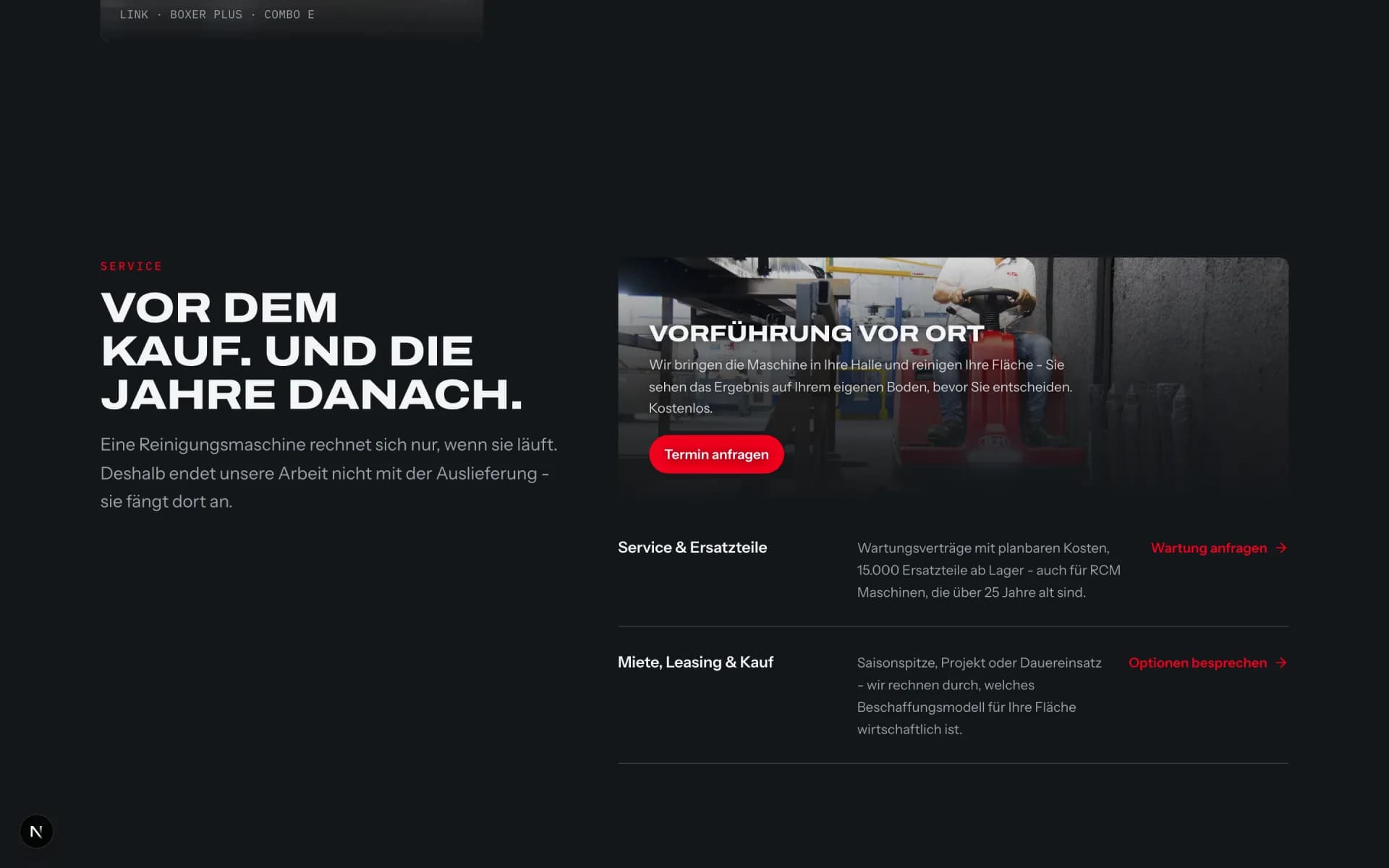 Beratung und Vorführung als roter Faden durch die Seite